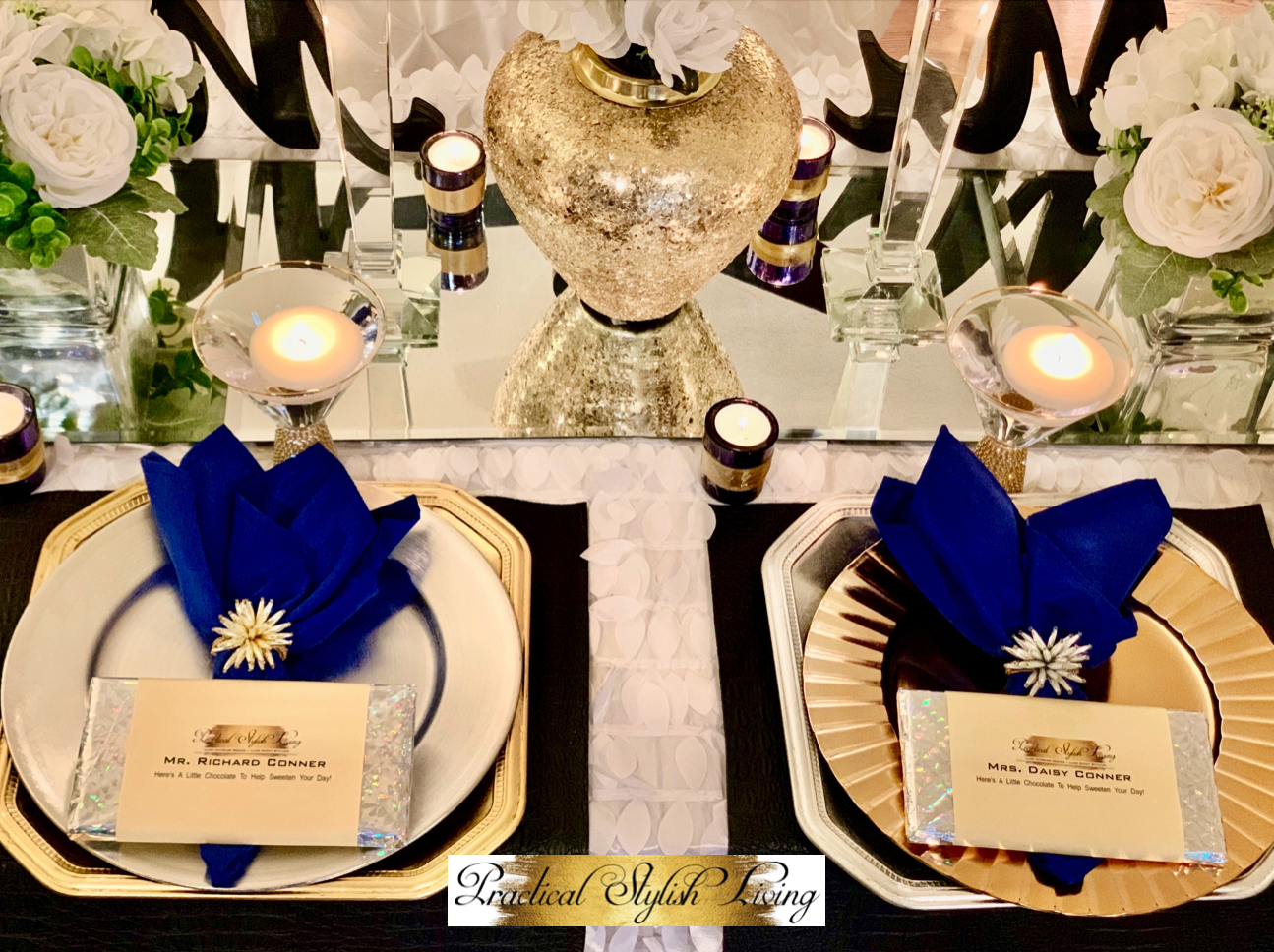 Royal blue antique gold and silver wedding table setting