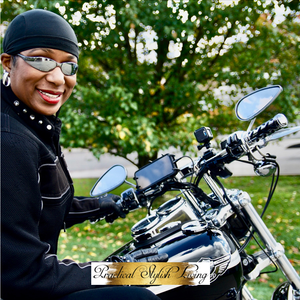 Interior designer Kimberly R Jones sitting on her Harley-Davidson motorcycle