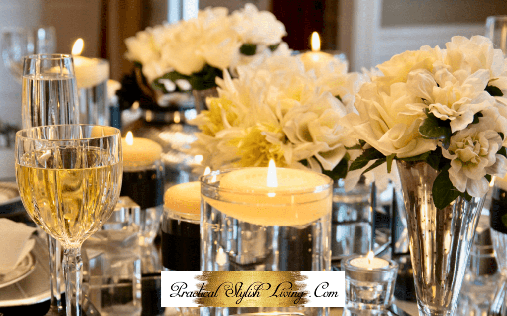 Luxury table settings. Kimberly R. Jones hosting an event standing and holding on to leather parson chairs.