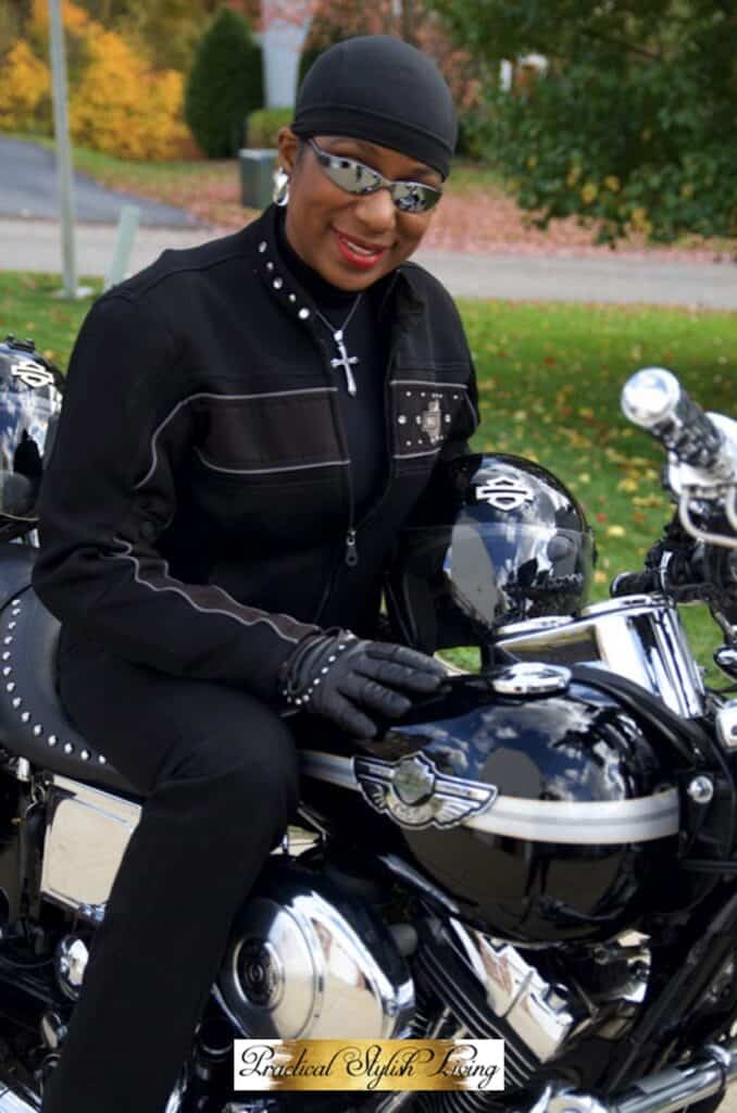 Kimberly R Jones sitting on her Harley Davidson Lowrider