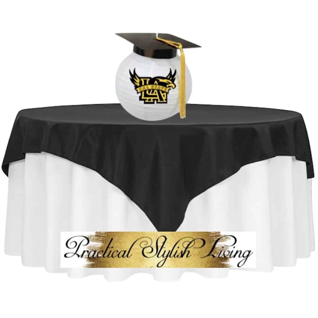 Elegant budget friendly college graduation centerpiece table setup.