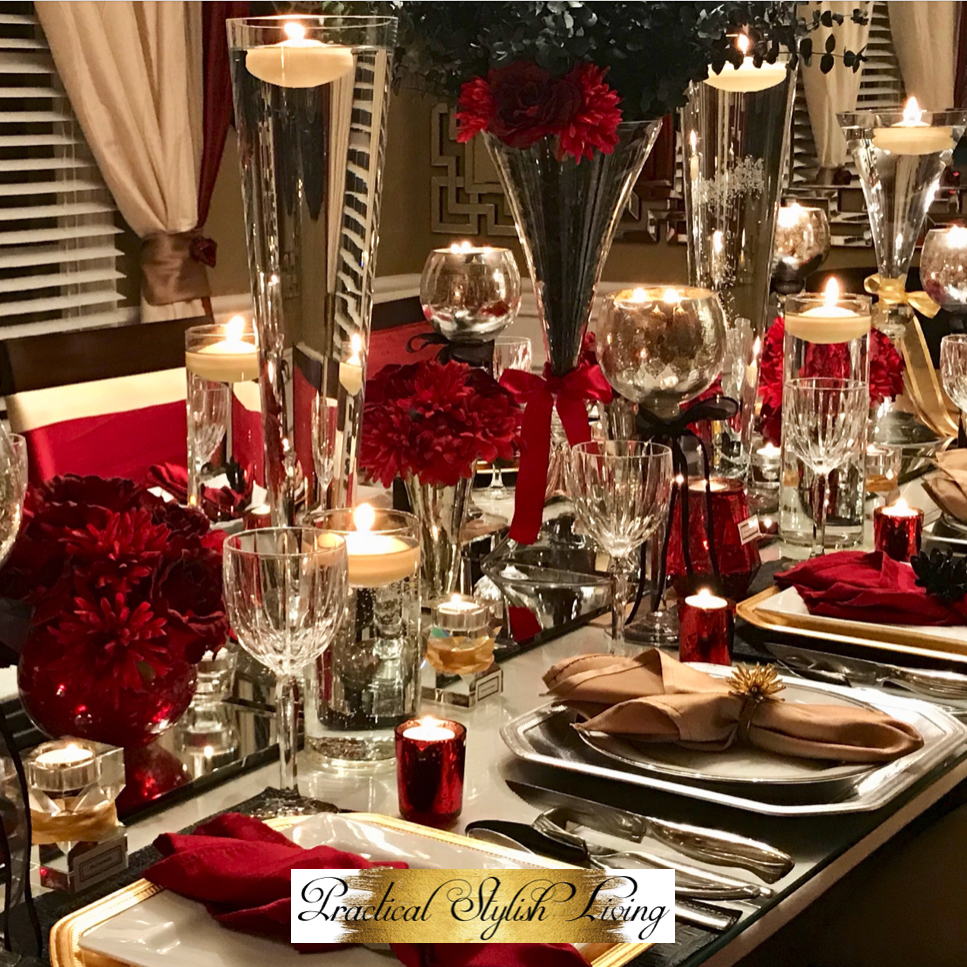 Red and Antique Gold table setting with candles and crystal glass decor for an elegant luxury dinner party