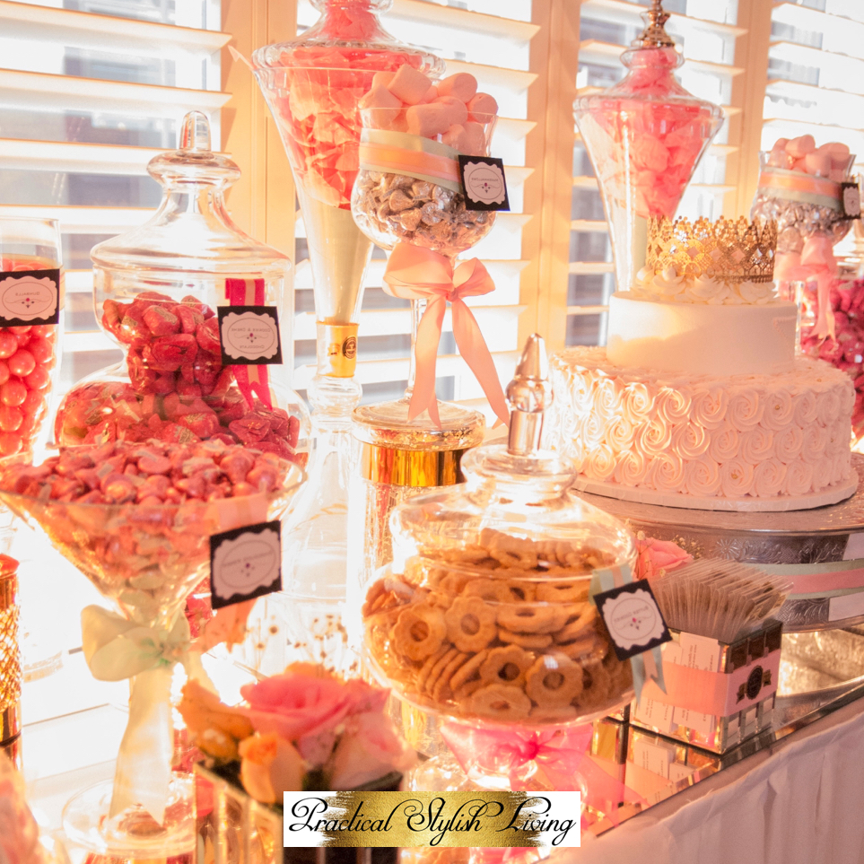 Desert table with pink, white and cream confectionaries
