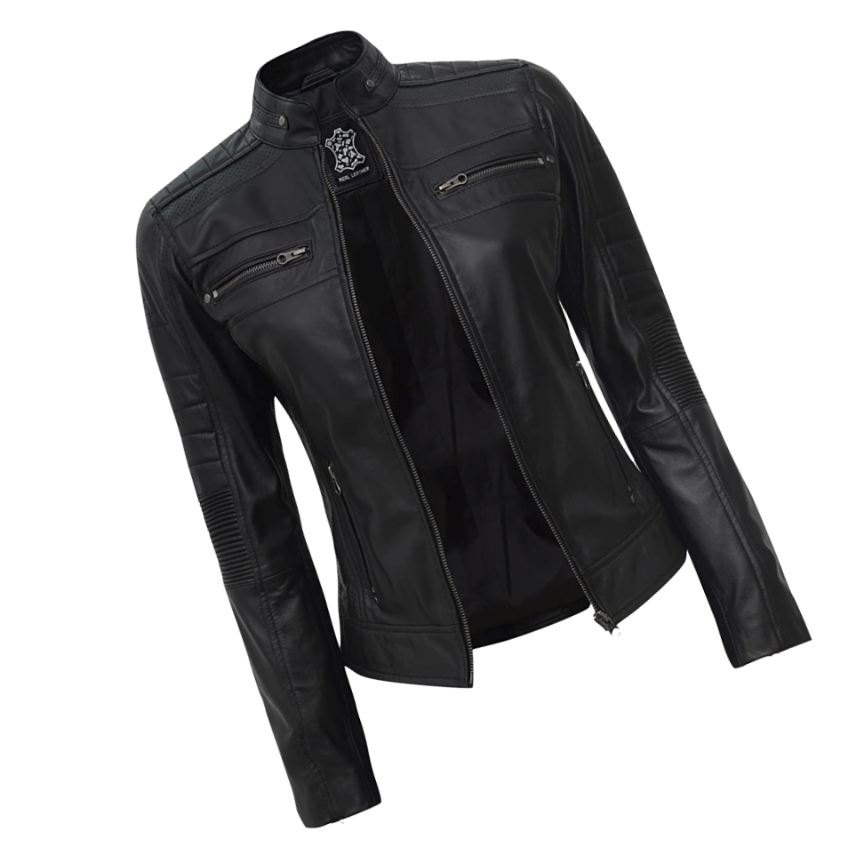 Black motorcycle riding jacket.