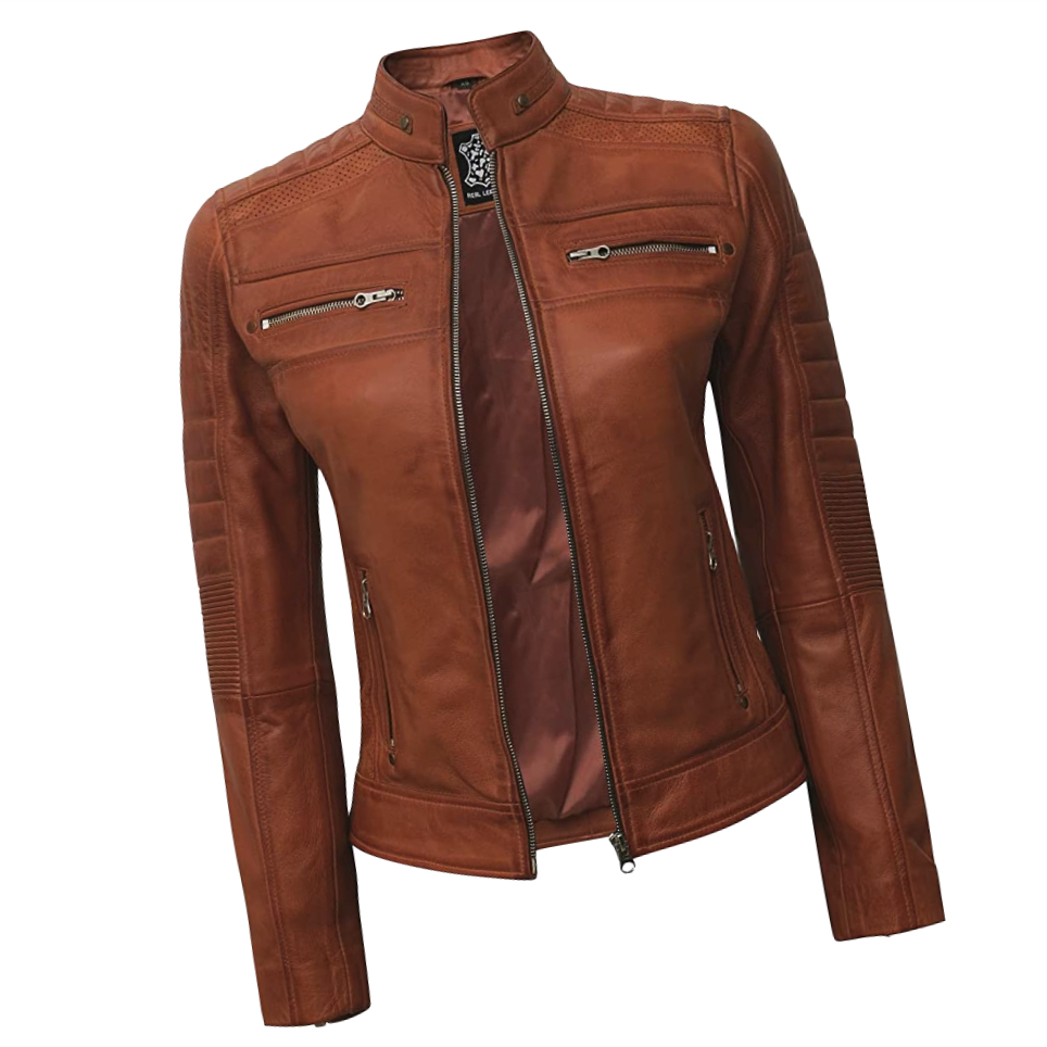 Brown leather biker jacket.