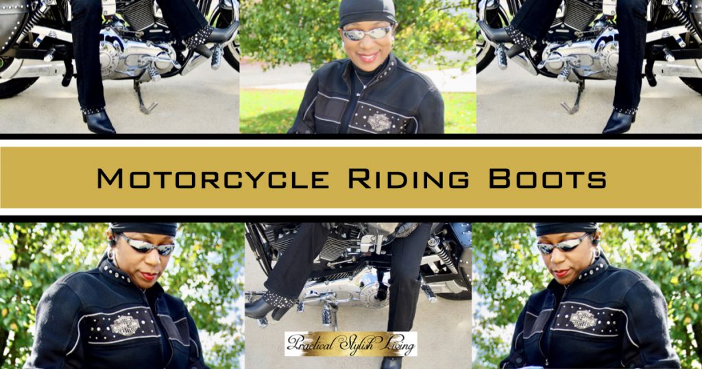 African American wearing Black Harley-Davidson riding boots sitting on a Harley-Davidson motorcycle.