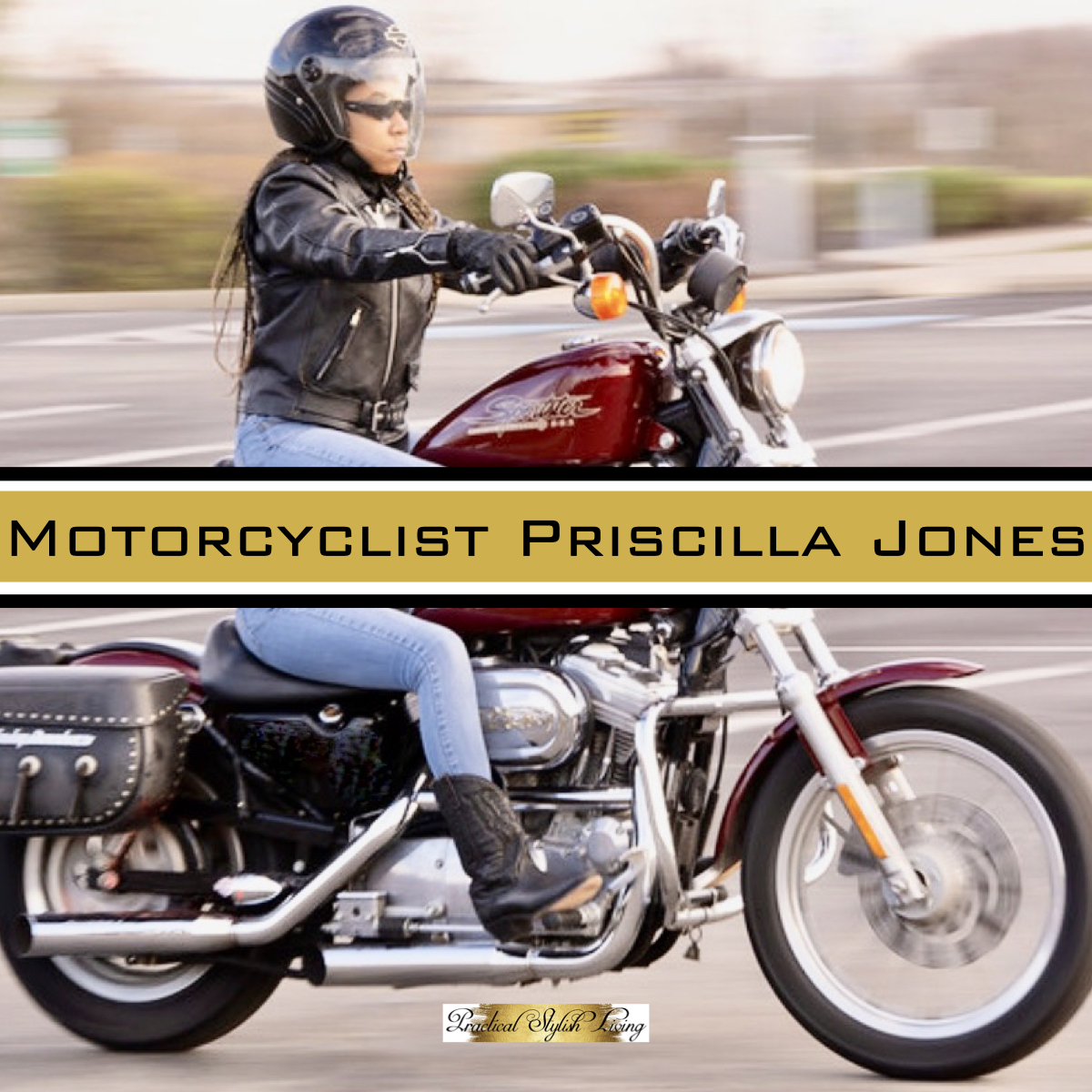 Motorcyclist Priscilla Jones riding her Harley-Davidson Sportster.
