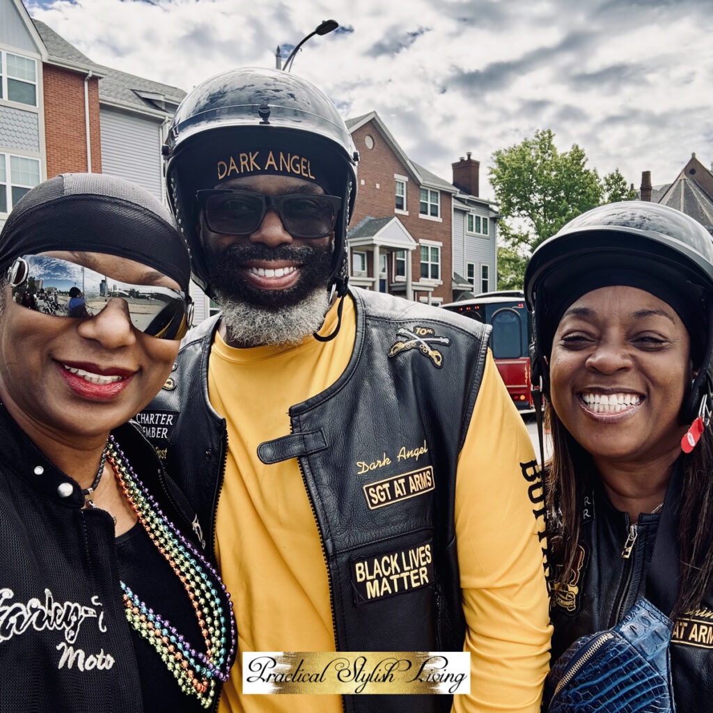 Members of a motorcycle club, affiliated with the National Association of Buffalo Soldiers & Troopers Motorcycle Club (NABSTMC), who are known for their community service