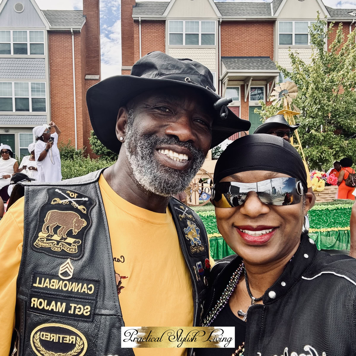 A National Association of Buffalo Soldiers & Troopers Motorcycle Club member, with the individuals wearing vests featuring club patches.