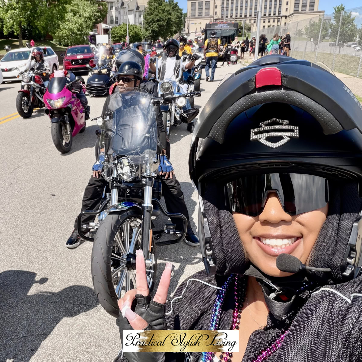 Priscilla A. Jones at Juneteenth Pittsburgh, PA sitting on her Harley-Davidson motorcycle.