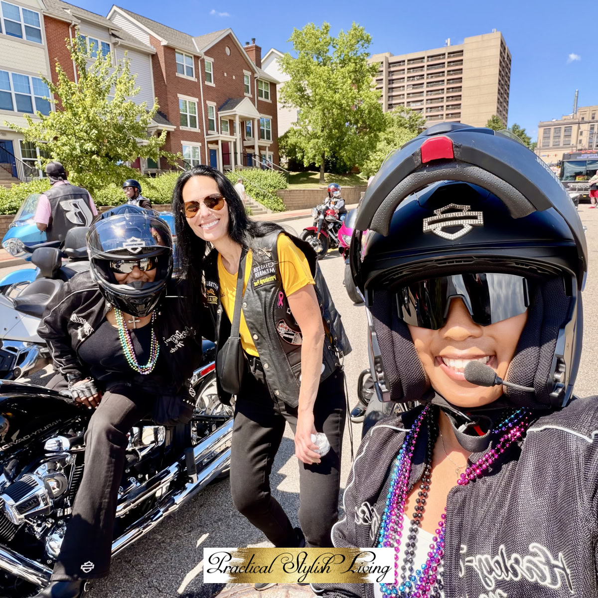 Girl bikers participating in the Juneteenth Parade riding on Harley-Davidson motorcycles.
