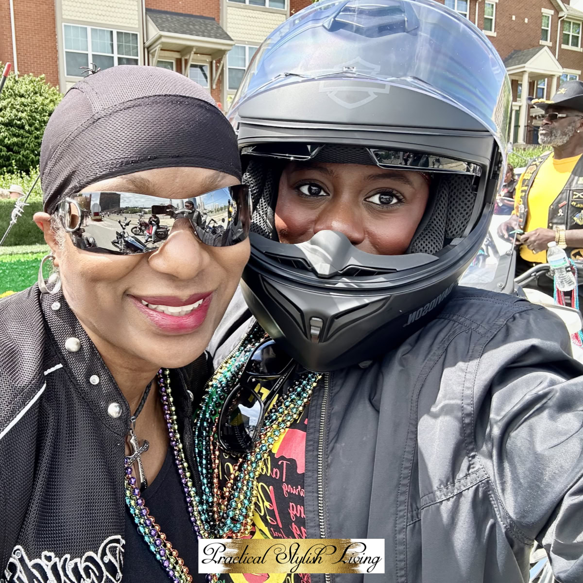 Erica R. Jones wearing Harley-Davidson full-face motorcycle helmet with communicator at the Juneteenth parade staging area.